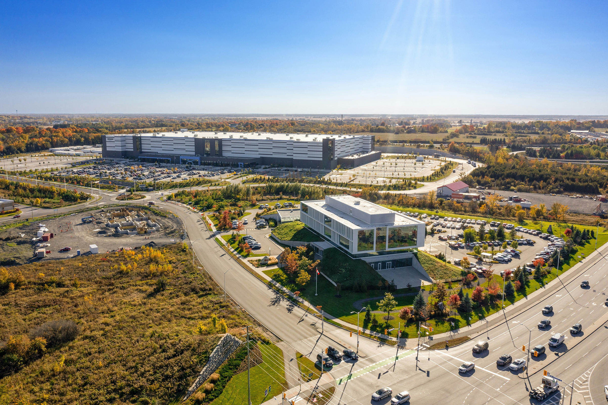 Aerial view of a company estate and its buildings